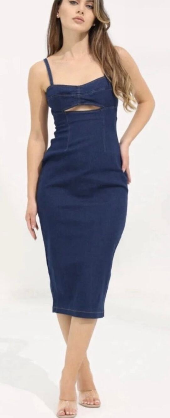 Free People Dress SZ Medium Serenity NWT Denim Midi Midnight Blue Bodycon Jean